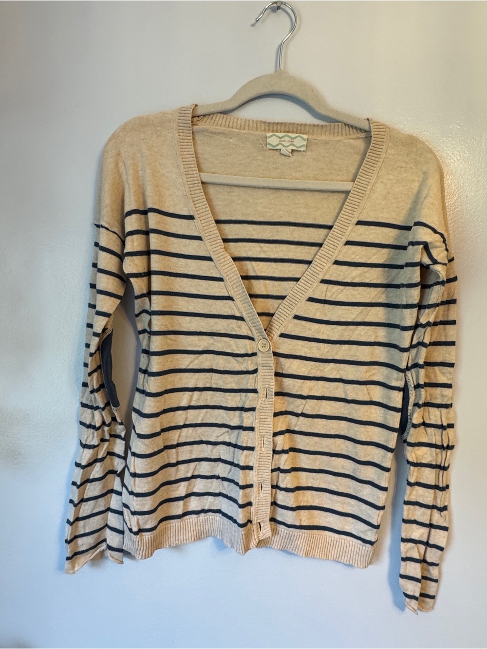 Pink.Rose -Beige and Navy Striped Women's Cardigan Sweater